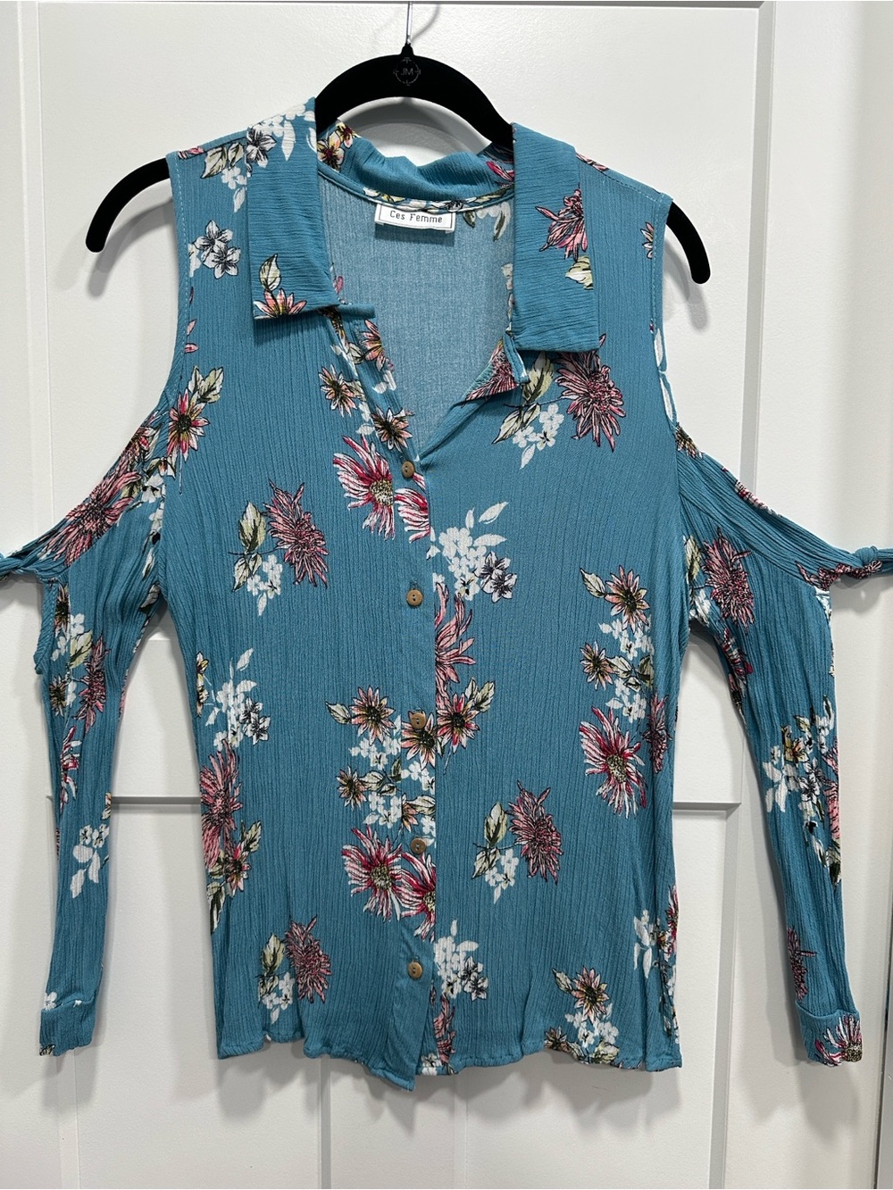 Teal Floral Cold-Shoulder Button Front Top - Size Medium